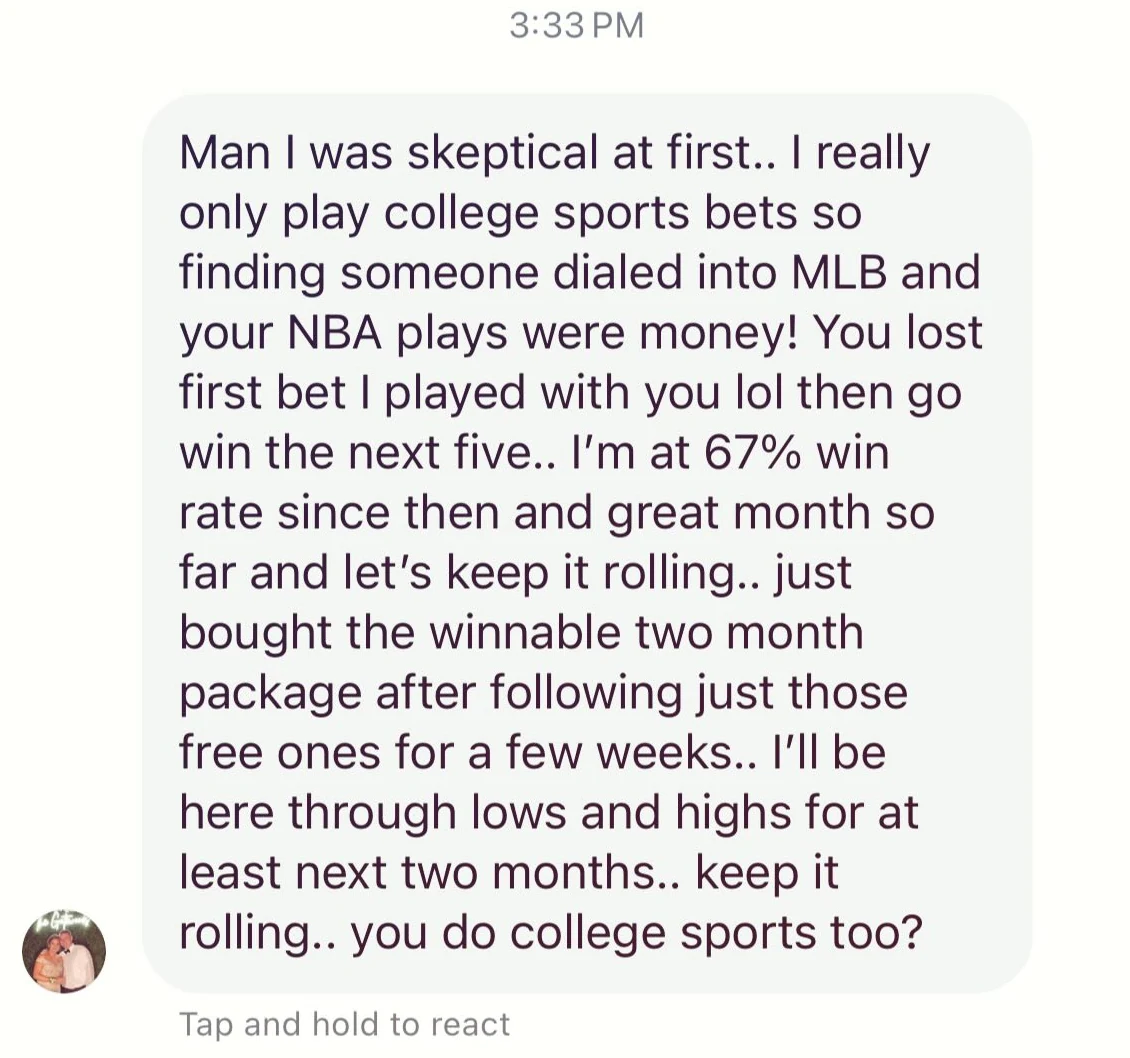 Member testimonial 67% win rate and signed up